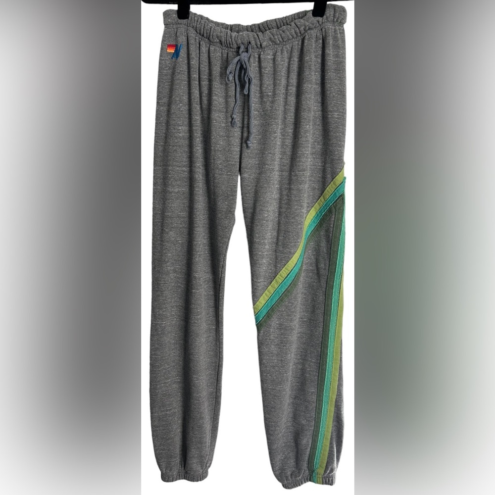 *SOLD* AVIATOR NATION Rare Sweatpants- Heather Grey/ Green Stripes Size Small - Picture 1 of 9